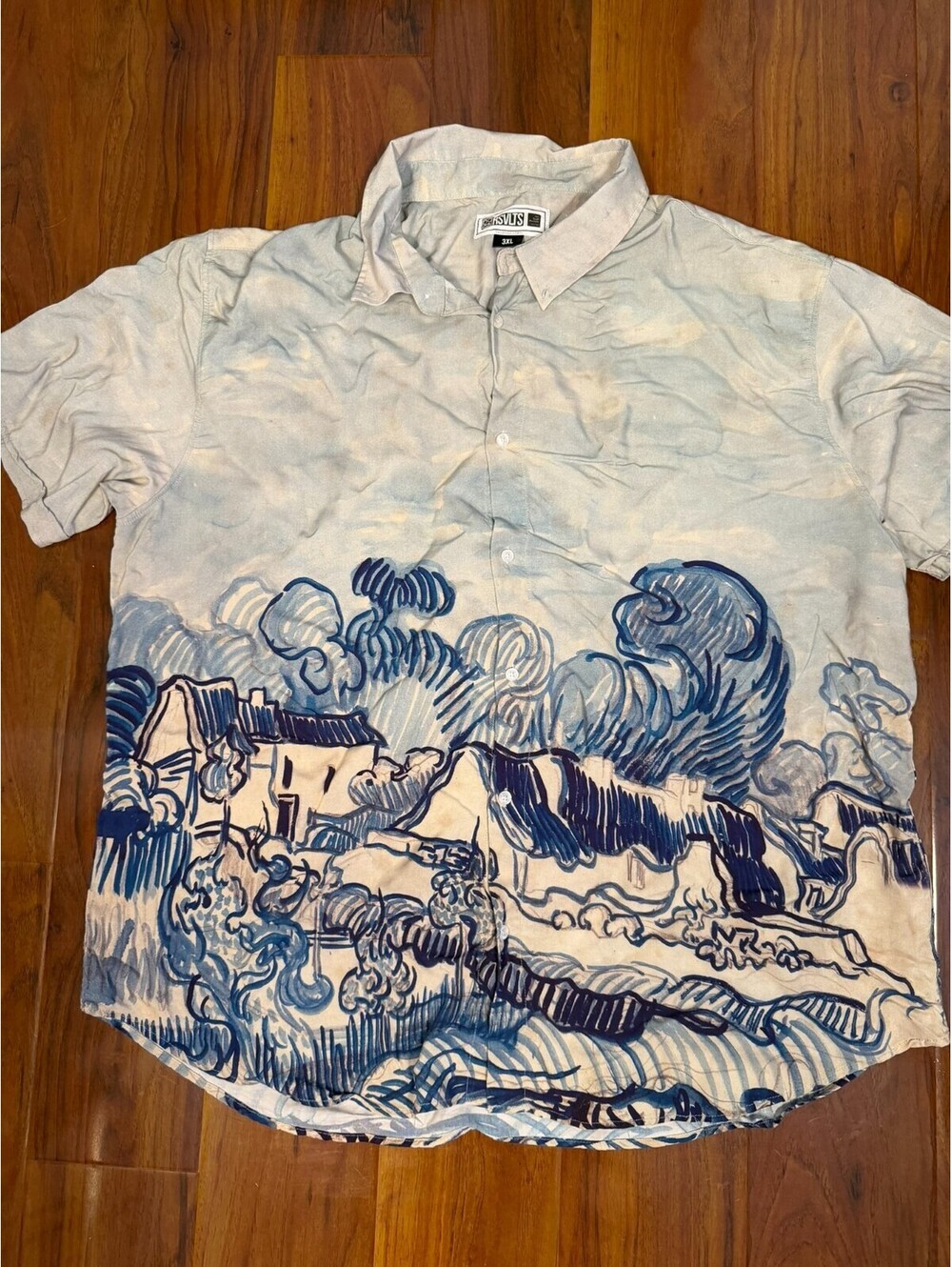 RSVLTS Shirt Mens SZ 3XL Blue Van Gogh Landscape with Houses Rayon